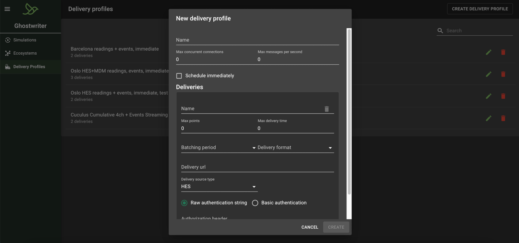 The delivery profile form includes fields for setting the API URL, authentication credentials, and delivery format.