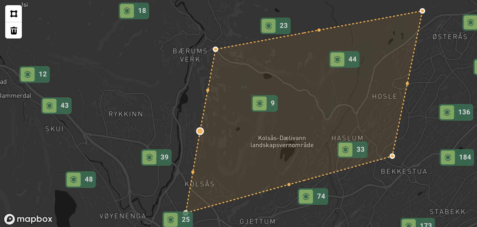 The map displays an orange polygon surrounding several of the usage points.