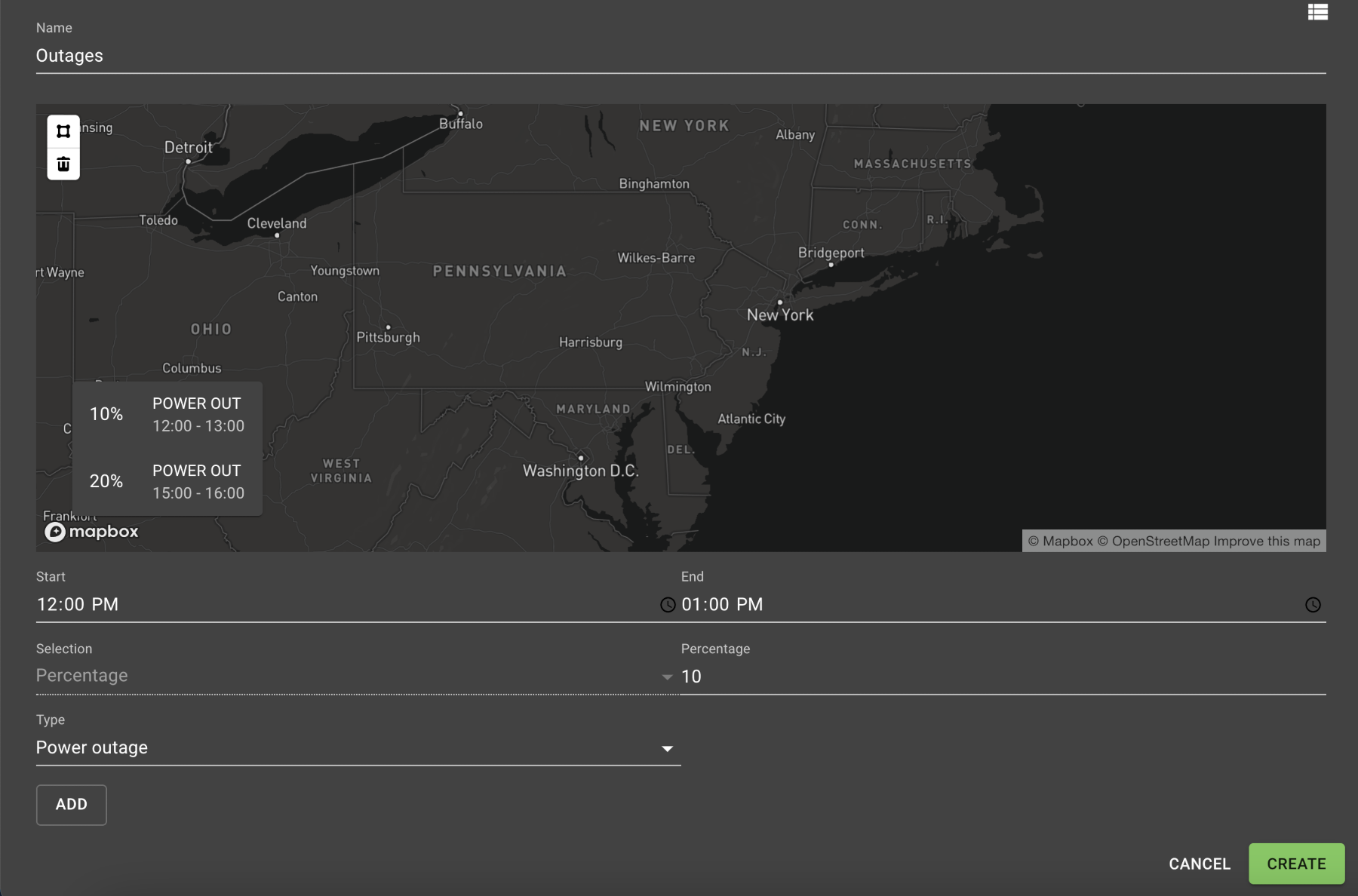 The scenario form displays a map and fields to enter a scenario name, start and end dates, type of event, and percentage of affected usage points.