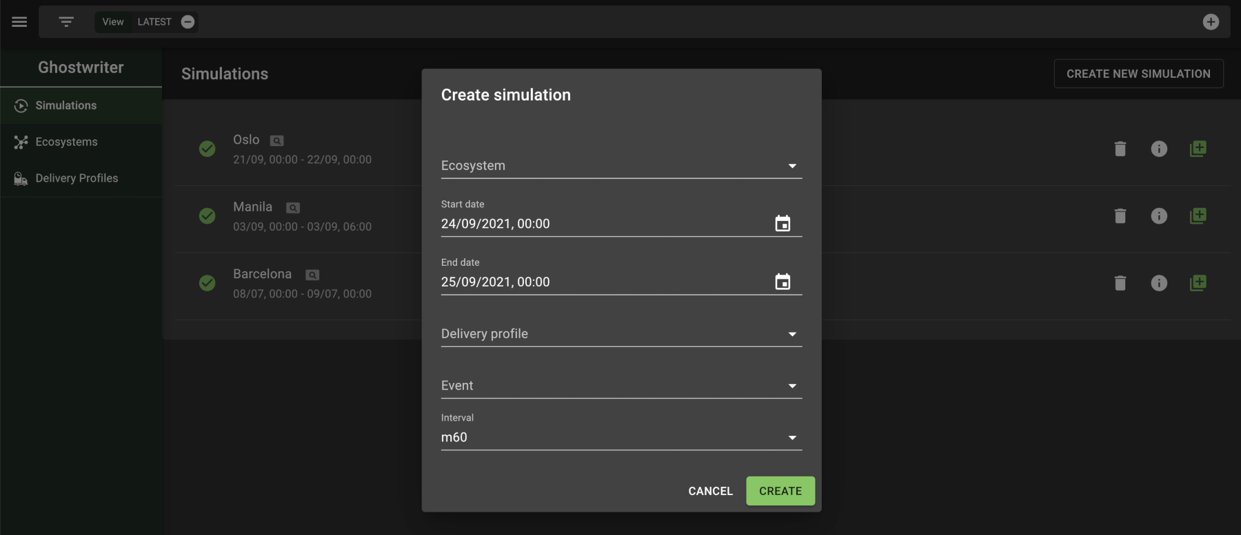 The Create Simulation form includes fields for an ecosystem, start and end dates, a delivery profile, event, and interval.