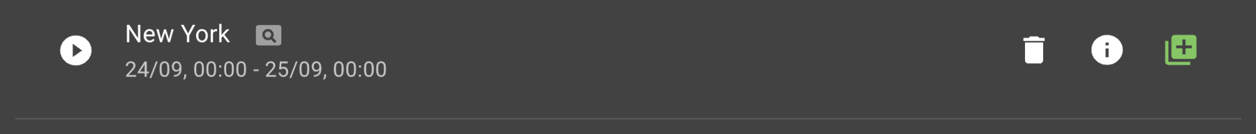 A list item for New York displays a play button to the left and delete and info buttons to the right.