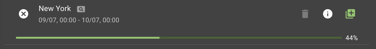 A list item for New York displays a cancel button to the left and a progress bar underneath.