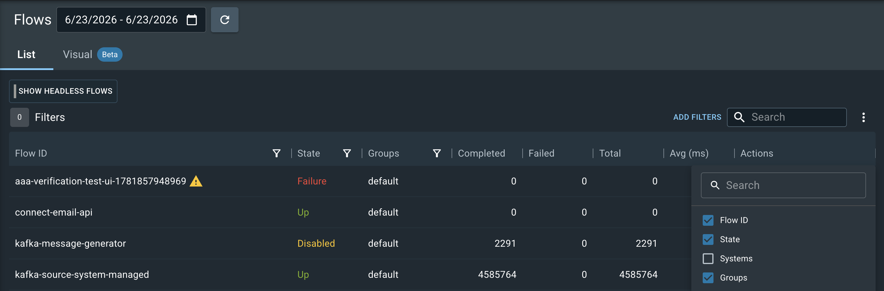 The flow groups column can be added to the flows list by selecting the overflow menu and choosing Manage columns.