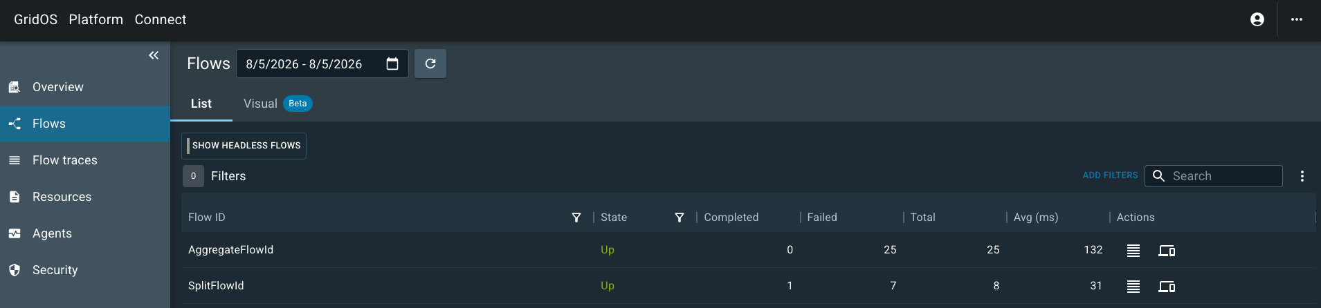 The flow run page in the Utilihive Console shows the status of the scheduled flow.
