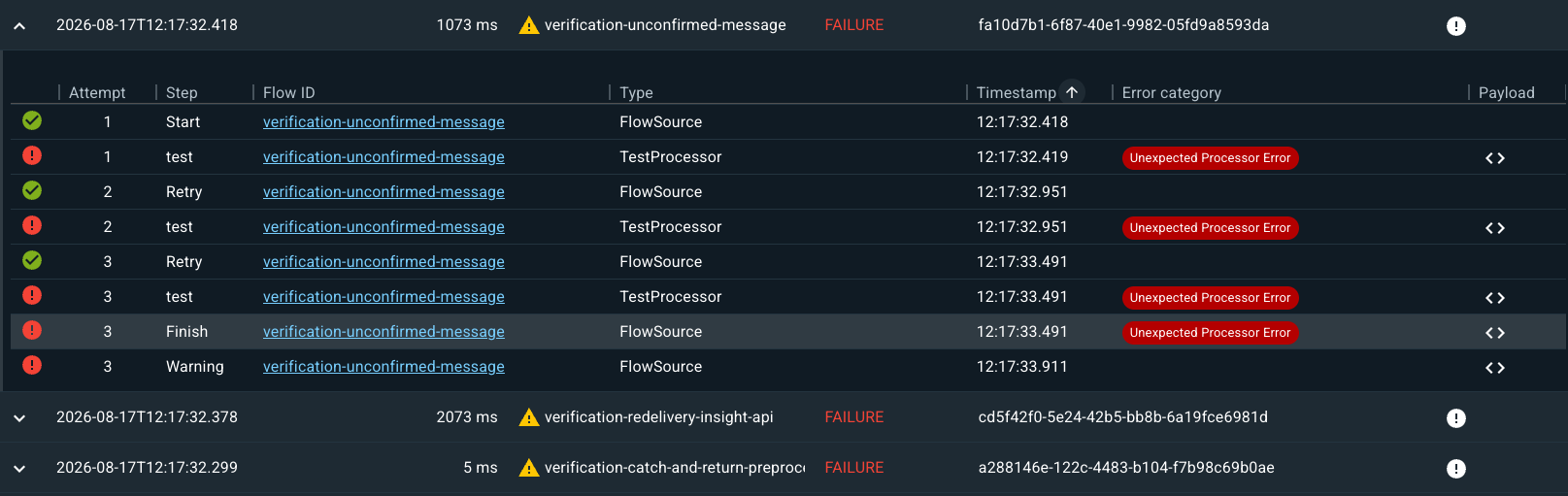 The expanded attempt displays a successful start but then errors for the next three steps.