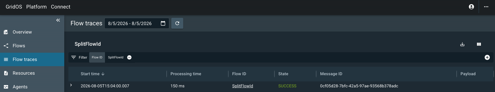 The flow traces log page in the Utilihive Console shows the scheduled flow run details.