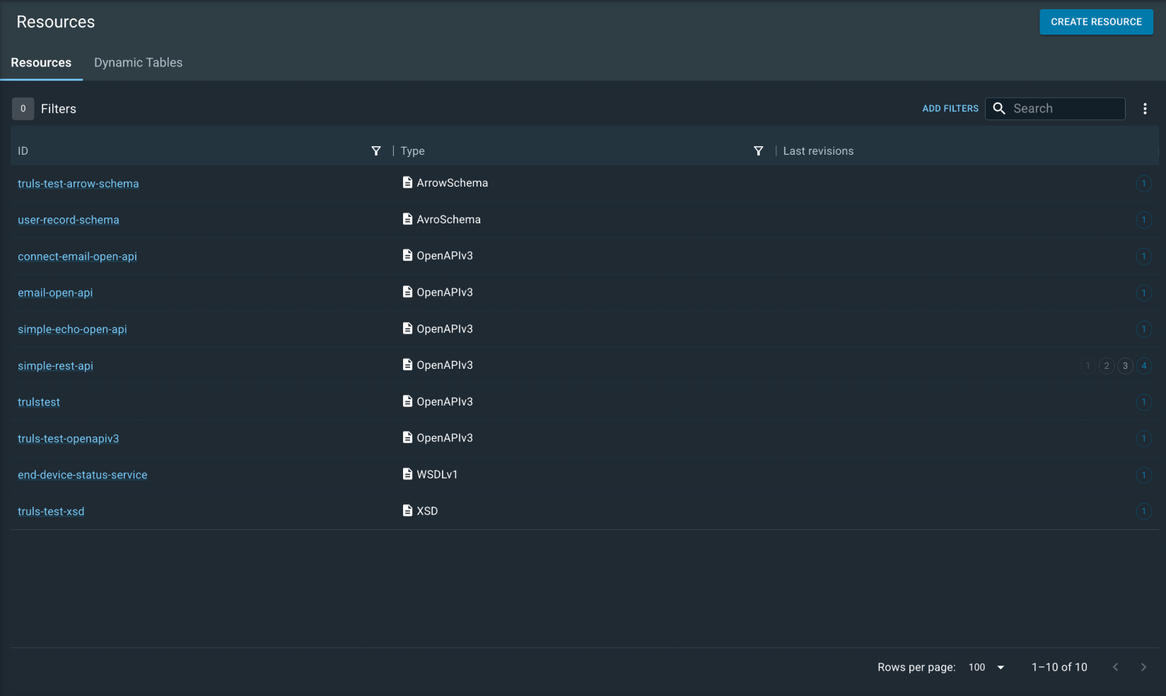 The list of resources includes for instance JSON schemas and OpenAPI specs. Dynamic tables can be viewed by clicking on the Dynamic tables tab.
