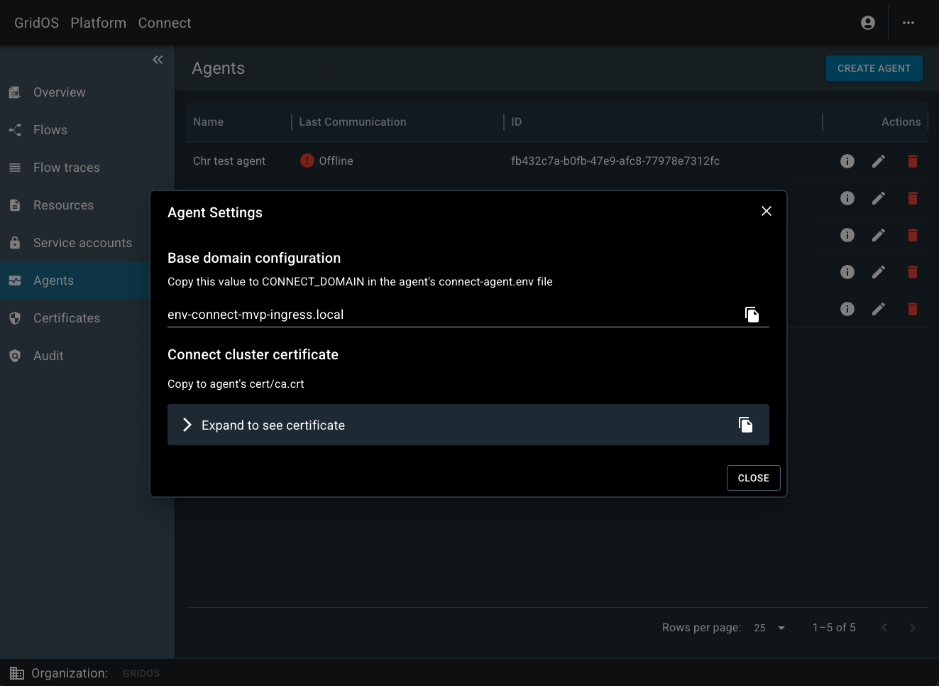 GridOS Connect Cluster Certificate Agent View