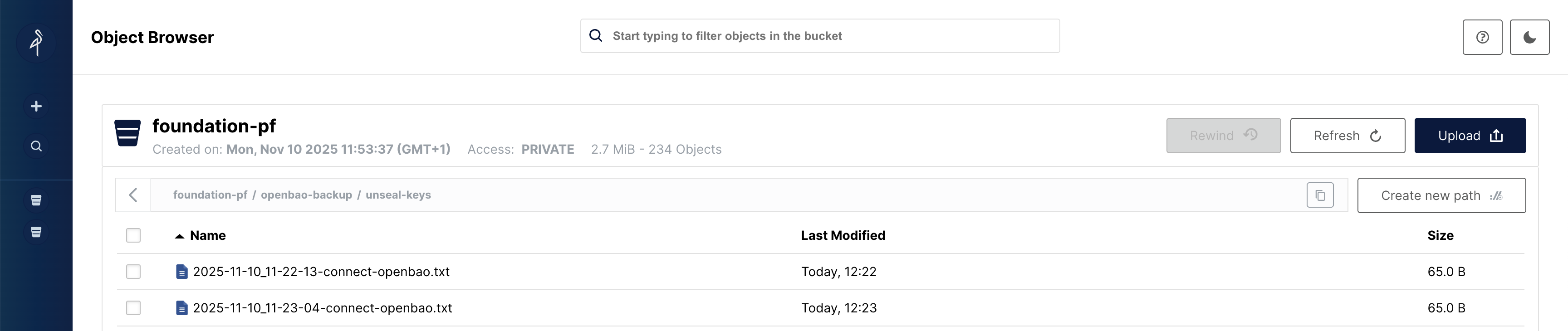 MinIO Connect Openbao Backup of unseal key