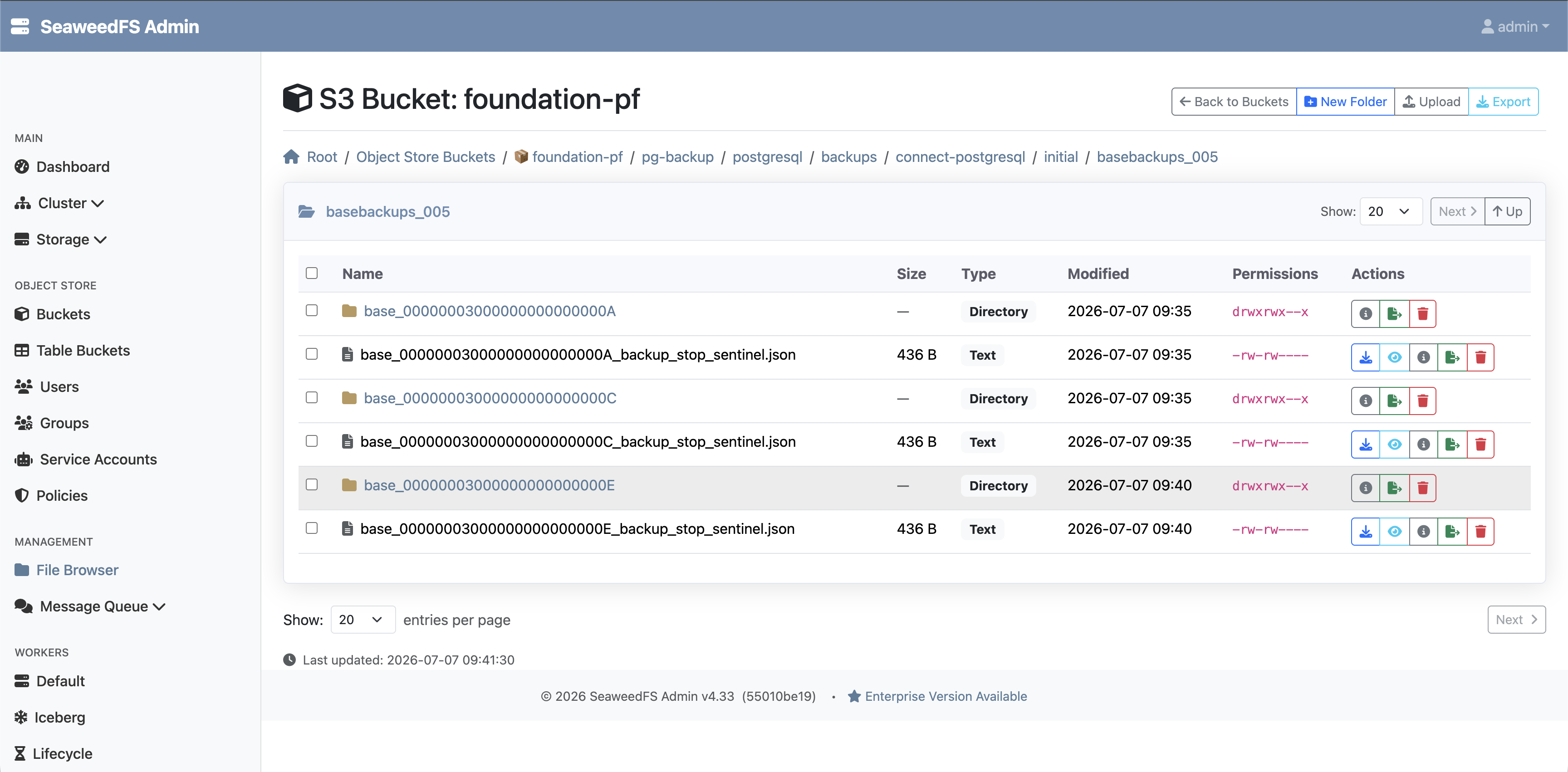 Object store PostgreSQL base backup (SeaweedFS example)