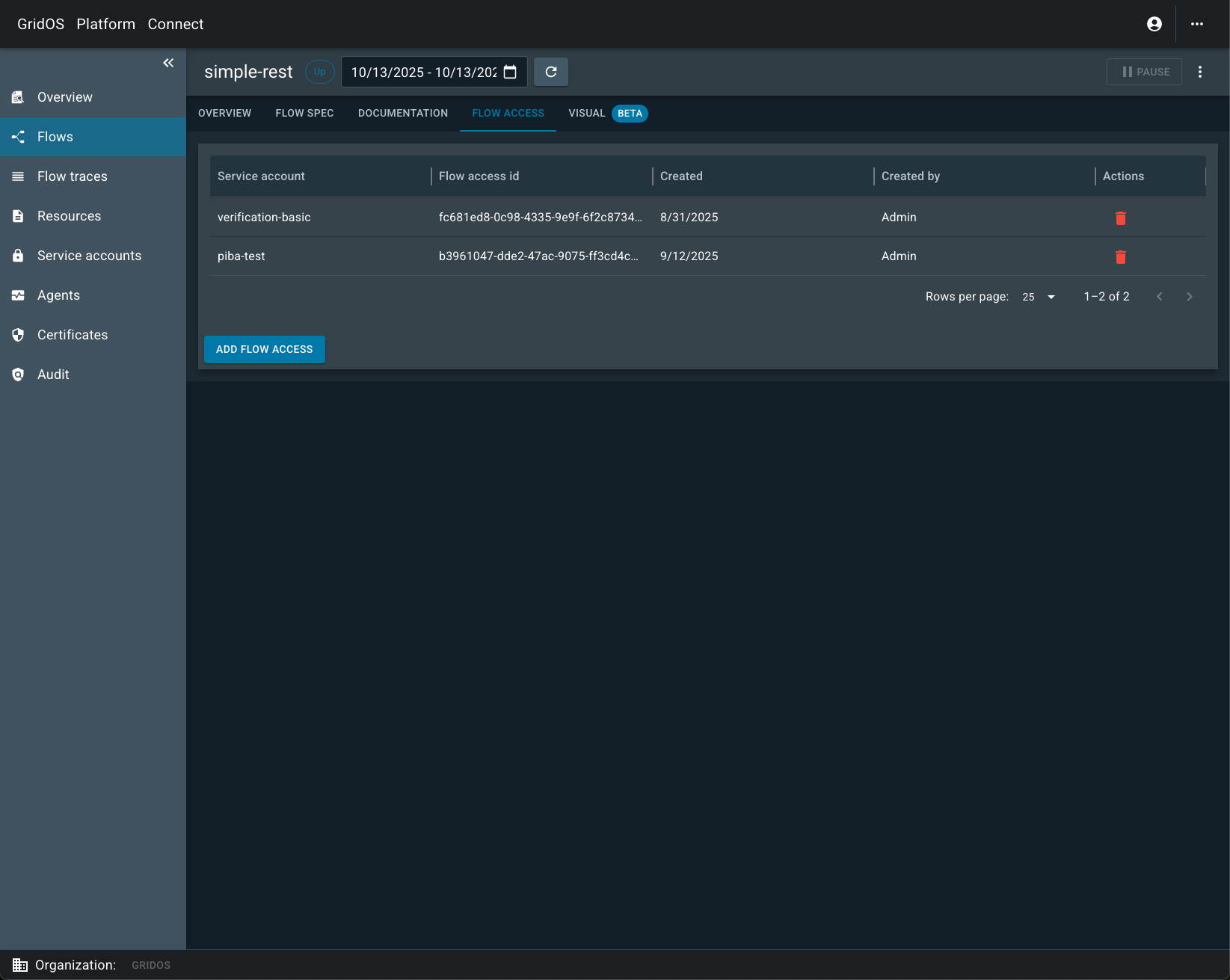 The Flow Access tab displays a list of service accounts with an Add Flow Access button underneath.