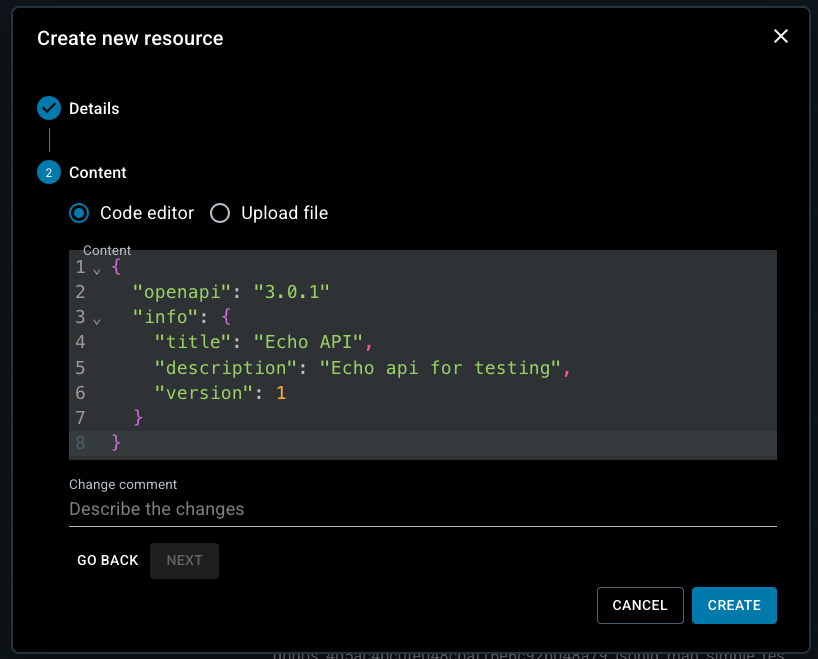 The form to create a new resource includes options to upload a file or write in a code editor.