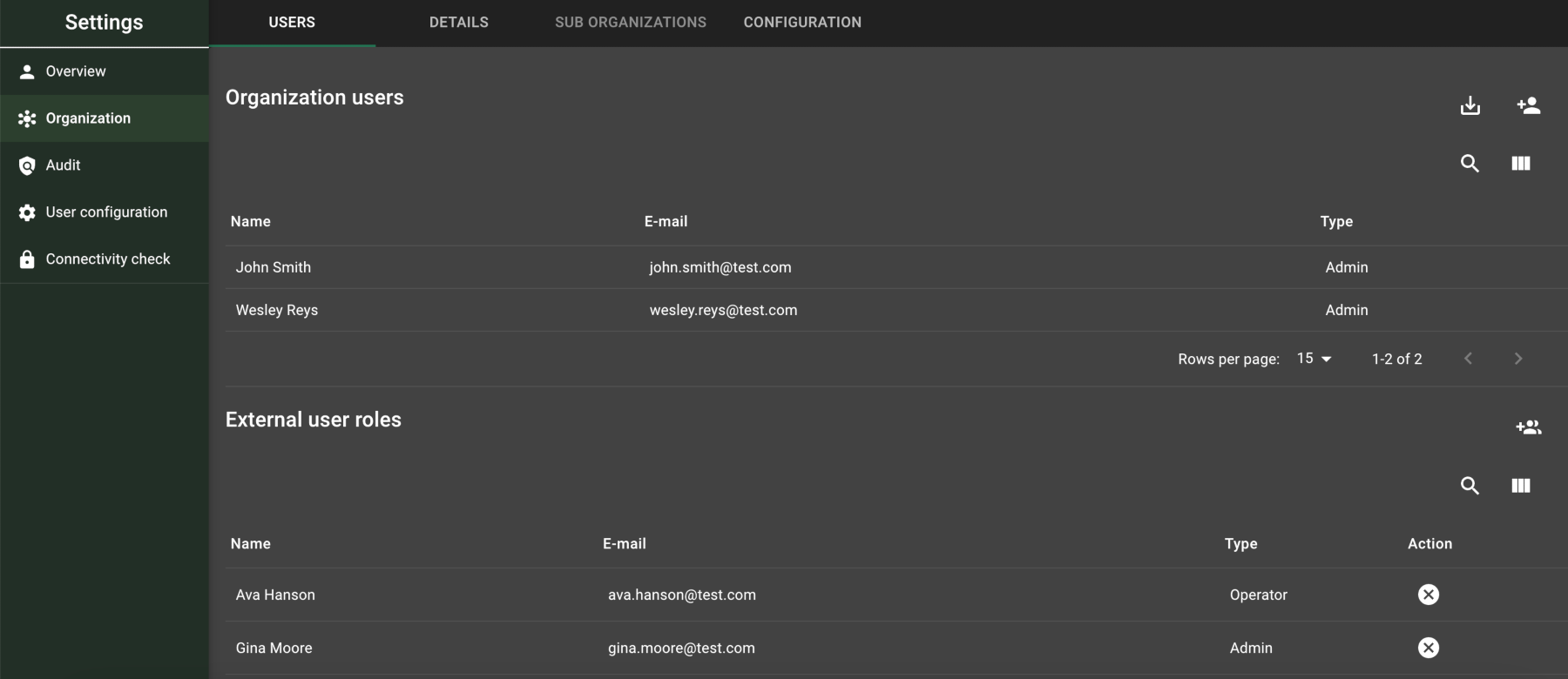 The list of users includes the user’s name, email address, and user type/role.