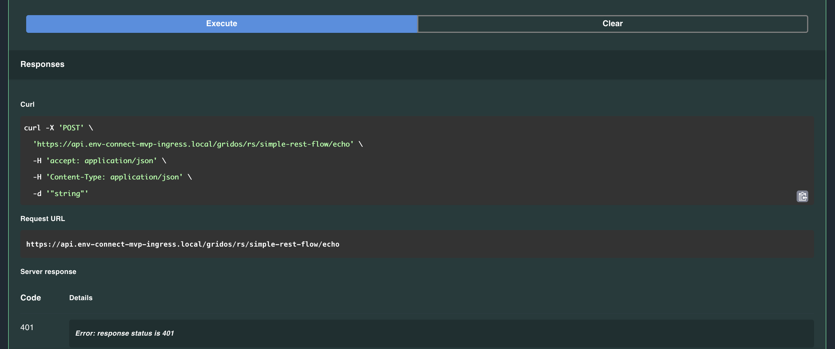 The page displays the curl command that executed the POST request and the returned 401 Unauthorized message.