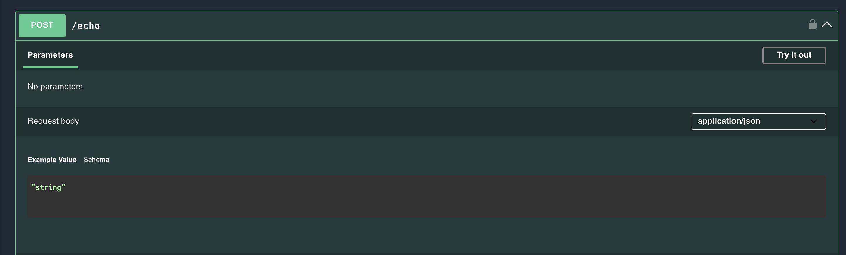 The expanded POST request displays an example request body in JSON format.