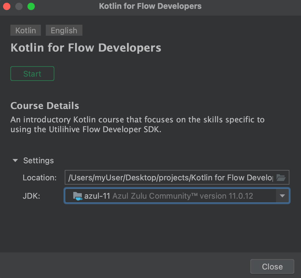 The course introduction window includes an option to change the JDK.