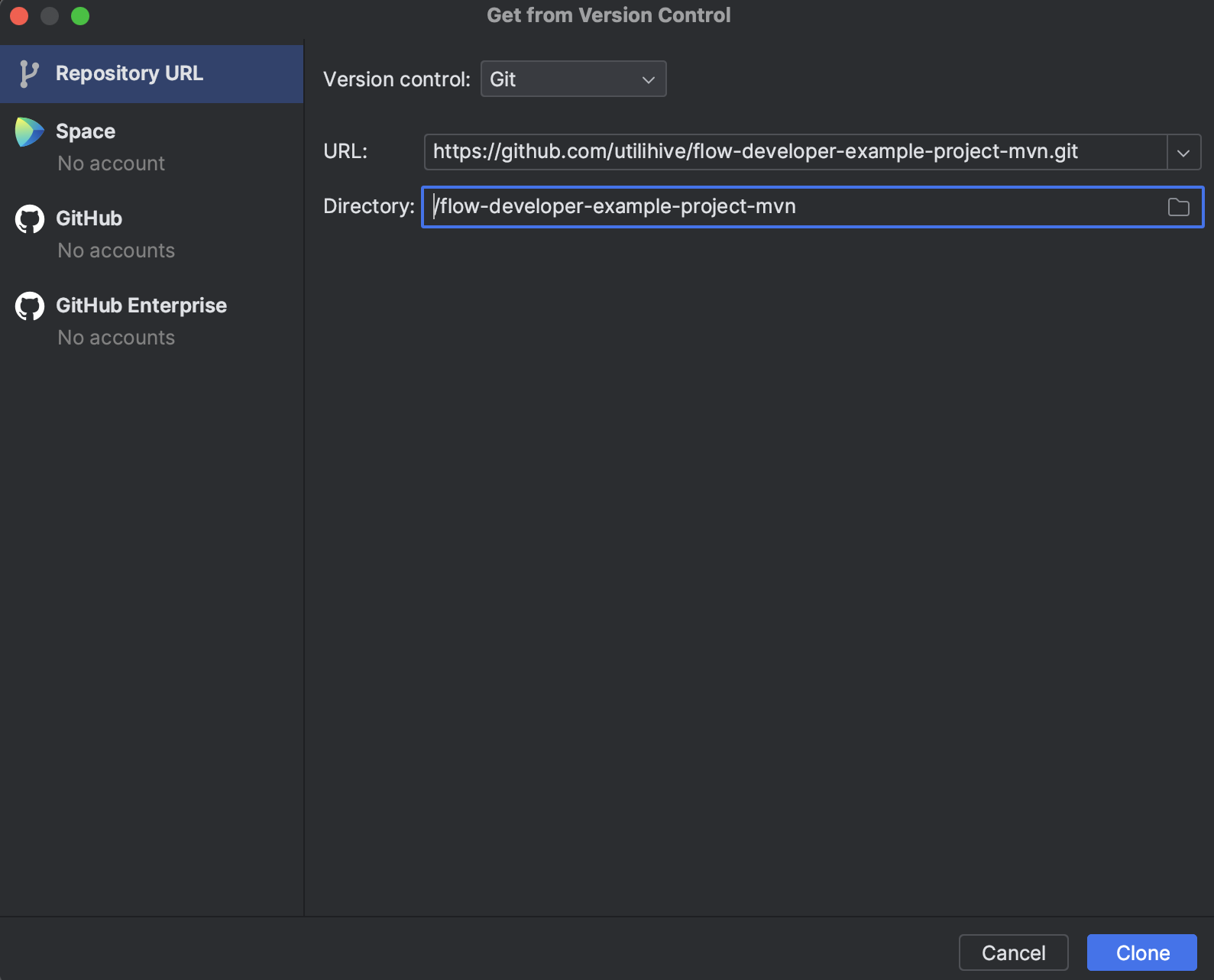The Get from Version Control window has the URL field set to the example project’s URL.