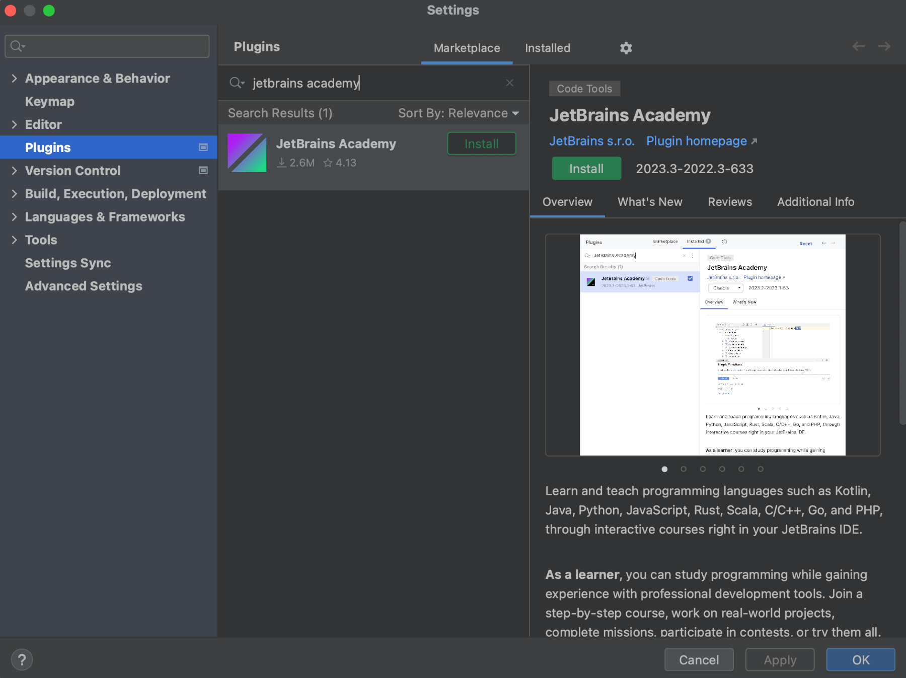 The Plugins tab in the Settings window displays an option to install the JetBrains Academy plugin.