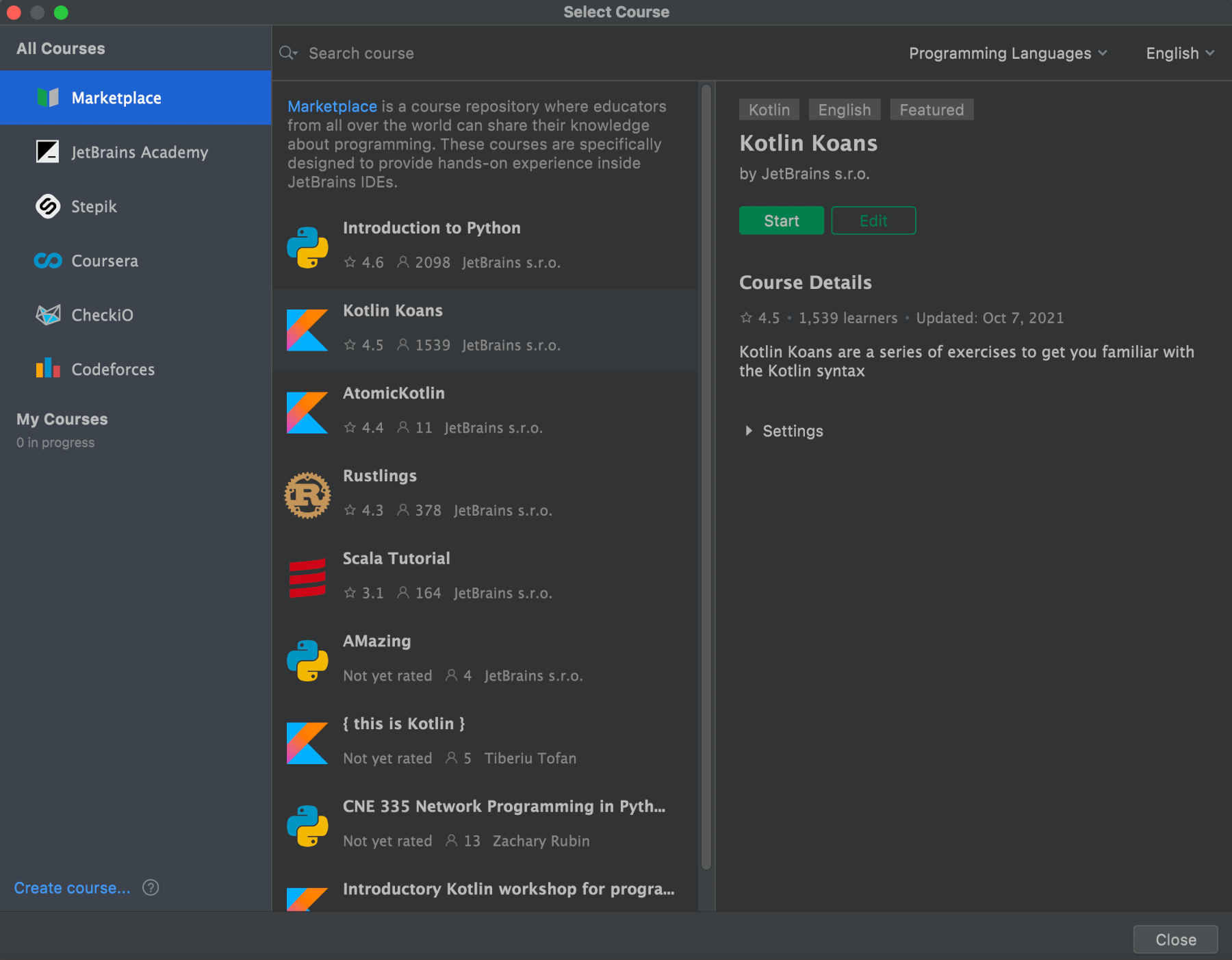 The Marketplace tab in the Select Course window displays a list of available courses,with Kotlin Koans highlighted.